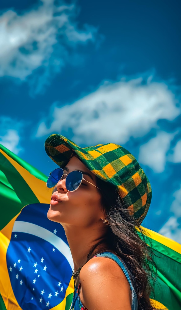 Foto bild einer brasilianischen frau, die die brasilianische flagge hält