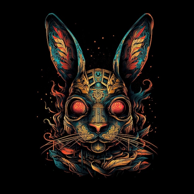 Bild einer Cyberpunk-Kaninchenmaske mit bunten Mustern auf schwarzem Hintergrund. Illustration von Wildtieren, generative KI
