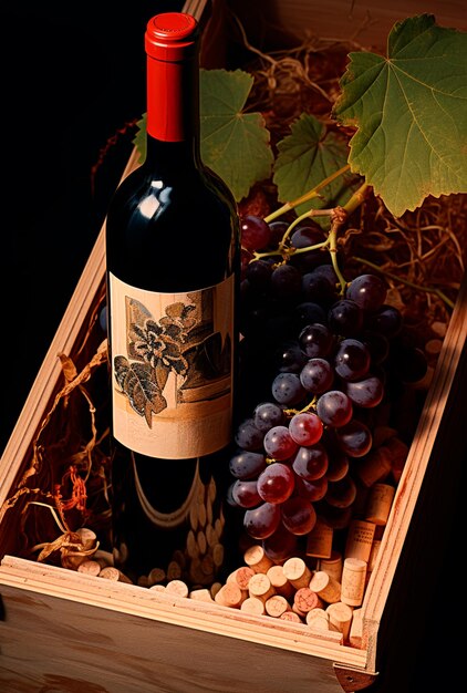 Bild einer Flasche Rotwein mit Trauben daneben