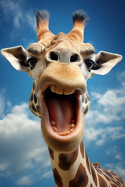 Bild einer Giraffe mit lustigem Gesicht und weit geöffnetem Mund. Generative KI-Illustration von Wildtieren