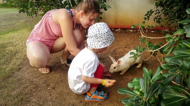 Bild einer glücklichen Familie mit einem kleinen Jungen, der einen süßen weißen Hasen auf der Farm füttert