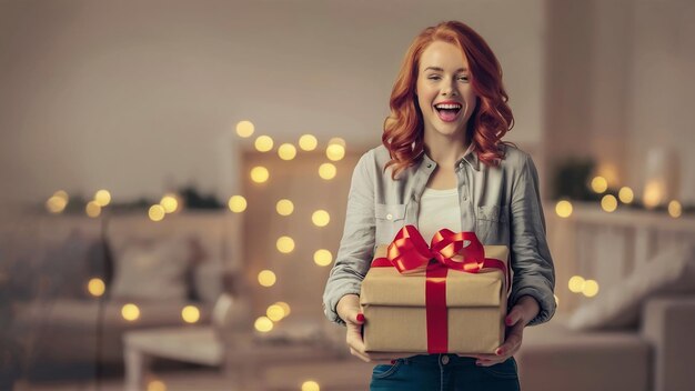 Bild einer glücklichen roten Frau in einem Hemd, die eine Geschenkkiste hält