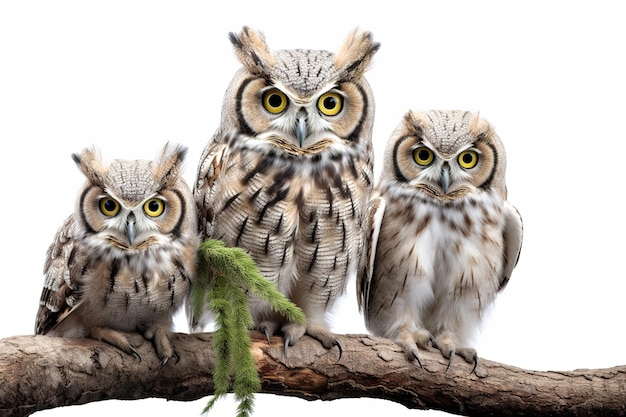 Bild einer Gruppe von Streifenadlereulen auf einem Ast auf weißem Hintergrund. Vögel, Tiere, Illustration, generative KI