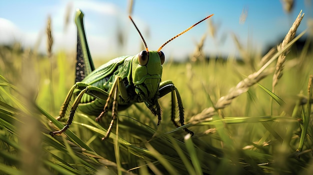 Bild einer Heuschrecke in einer grünen Wiese