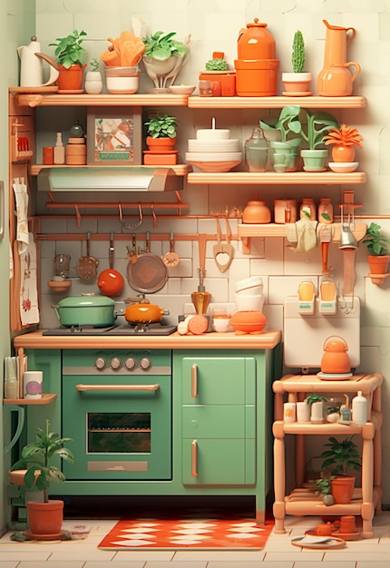 Bild einer kleinen Küche im Low-Poly-Stil