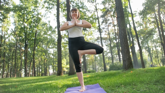Bild einer lächelnden Frau mittleren Alters in Fitnesskleidung, die Dehn- und Yogaübungen macht. Frau meditiert und macht Sport auf Fitnessmatte auf Gras im Park