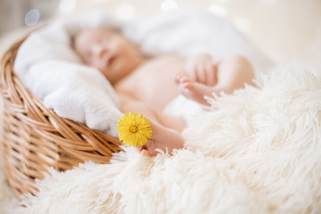 Bild einer Löwenzahnblüte am Bein eines Neugeborenen