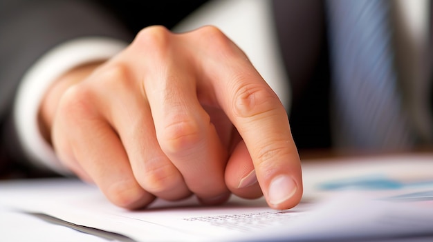 Bild einer männlichen Hand, die während einer Diskussion bei einem Treffen auf ein Geschäftsdokument zeigt Generative KI