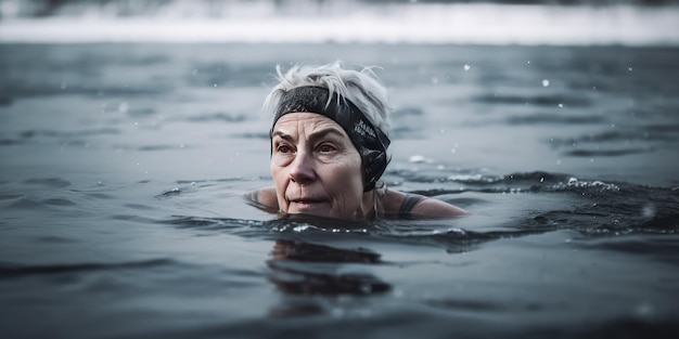 Bild einer reifen Frau, die im Winter auf einem eisigen See schwimmt