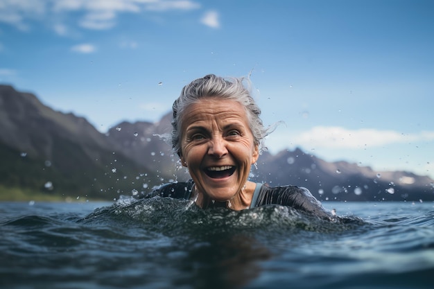 Bild einer reifen, glücklichen Frau, die im See schwimmt.