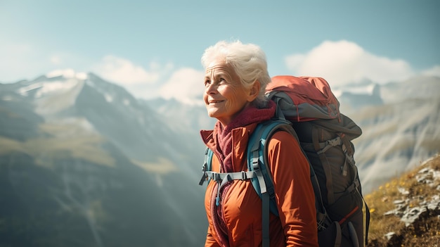 Bild einer reifen Seniorin beim Wandern in den Bergen