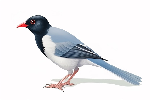 Bild einer rotschnabeligen blauen Elster auf weißem Hintergrund xABird Animals Illustration generative KI