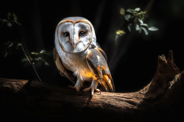 Bild einer Scheune auf einem Zweig im Wald in der Nacht Vögel Tiere Illustration Generative KI