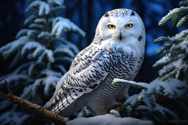 Bild einer schneebedeckten Eule auf einem Zweig im Wald Vögel Tiere Illustration Generative KI