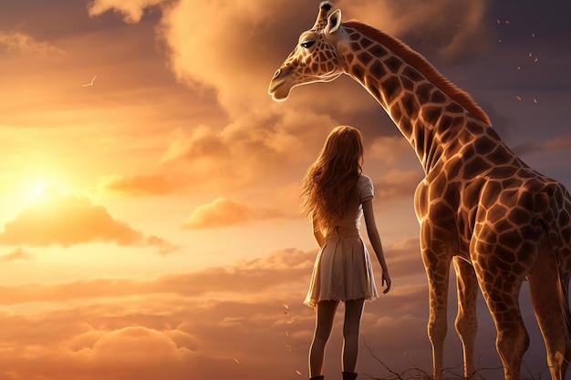 Bild einer schönen Frau und einer großen Giraffe, die ihre Freundschaft zum Ausdruck bringen. Tierillustration, generative KI