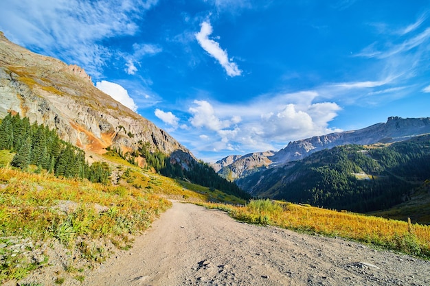 Bild einer Schotterstraße hoch oben in den Rocky Mountains mit Blick auf das Tal und die Bergketten