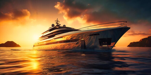 Bild einer Superyacht, die bei Sonnenuntergang im Wasser segelt