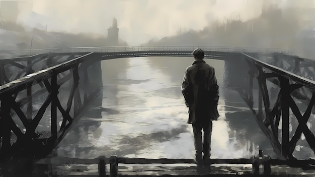 Bild einer traurigen Person, die auf einer Brücke steht, digitale Kunstillustration, generative KI