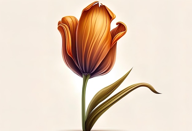 Bild einer Tulpe mit Flachsblättern, vertikal auf einem weißen Hintergrund