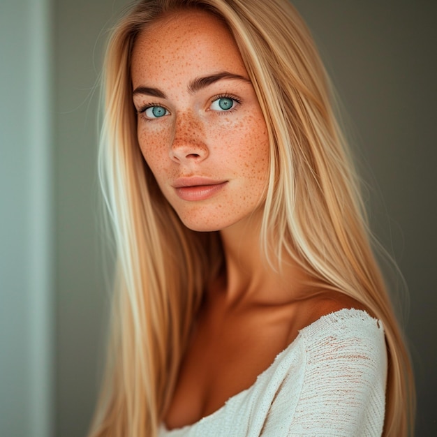 Bild einer wunderschönen norwegischen Frau mit langen, glatten blonden Haaren und blauen Augen.