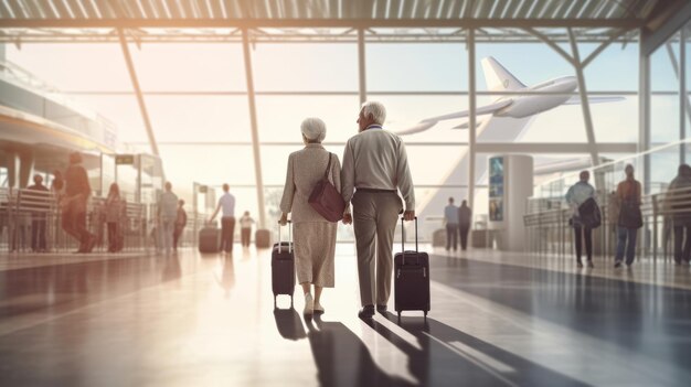 Bild eines älteren Paares, das mit Koffern zum Flughafen geht und glücklich am Flughafen ist