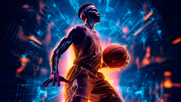 Bild eines afroamerikanischen Basketballspielers mit Basketball im Neon-Future-Stil. Generative KI