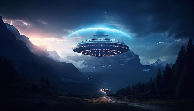 Bild eines beleuchteten UFO-Raumschiffs, das über einer Berglandschaft schwebt. Generative ai