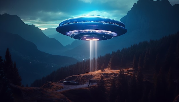 Bild eines beleuchteten UFO-Raumschiffs, das über einer Berglandschaft schwebt. Generative ai