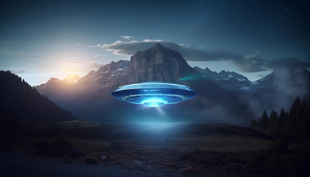 Bild eines beleuchteten UFO-Raumschiffs, das über einer Berglandschaft schwebt. Generative ai
