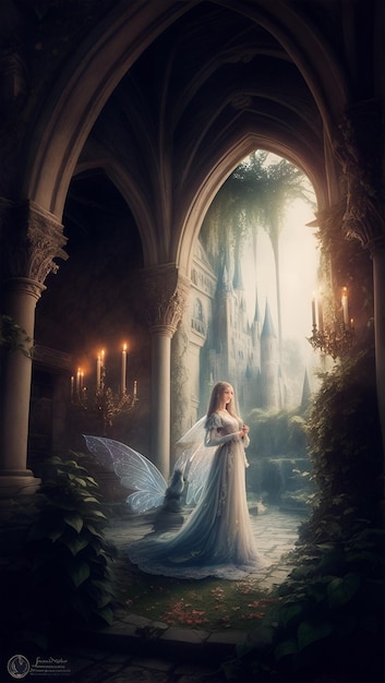 Bild eines bezaubernden Modells in einem märchenhaften Schloss, umgeben von magischen Kreaturen