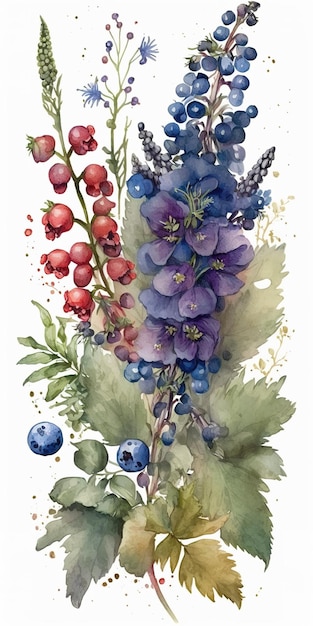 Bild eines Blumenstraußes mit Ritterspornblüten und Beeren