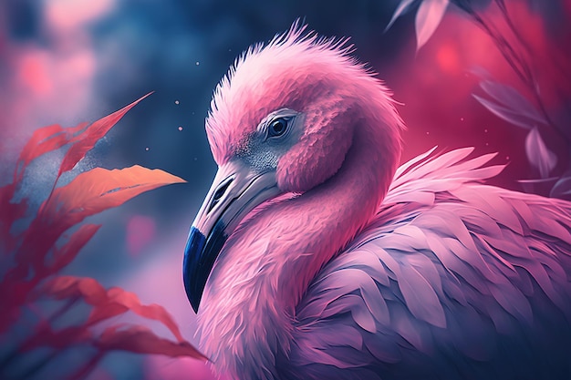 Bild eines bunten Flamingos mit tropischen Wäldern, Vögeln, Wildtieren, Tieren, Illustrationen, generative KI