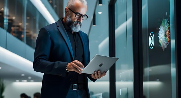 Foto bild eines cybersicherheitsexperten, der das tablet untersucht