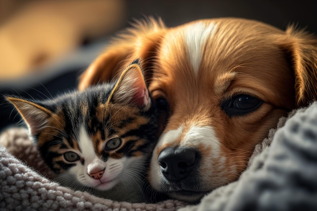 Bild eines entzückenden Welpen und einer Katze, die aus nächster Nähe aneinander kuscheln