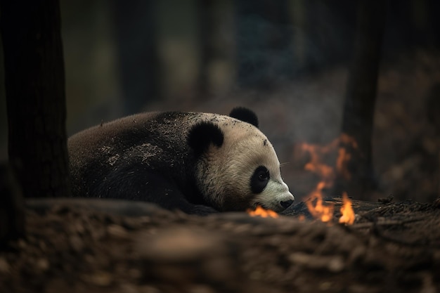 Bild eines erschöpften Pandas inmitten von Waldbränden und Rauch. Illustration von Wildtieren, generative KI