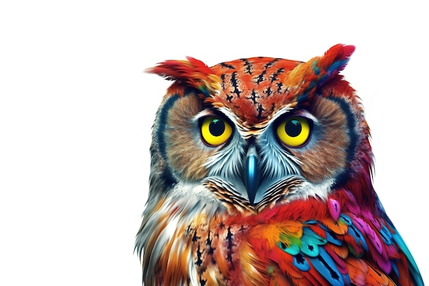 Bild eines Eulenkopfes mit schönen leuchtenden Farben auf weißem Hintergrund Vögel Wildtiere Illustration generative KI