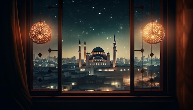 Bild eines Fensters mit Blick auf die Skyline einer Stadt mit einer beleuchteten Moschee in der Ferne zur Feier von Eid alFitr Generative ai
