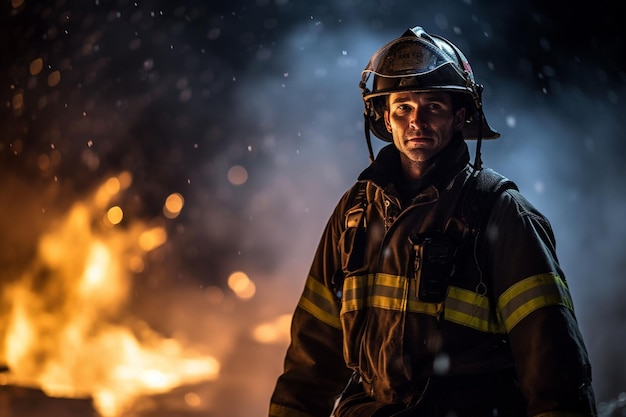 Bild eines Feuerwehrmanns, der um ein Feuer steht