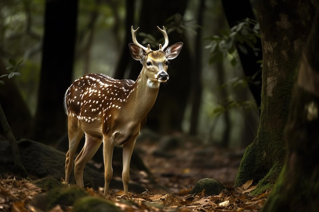 Bild eines gefleckten Hirsches im Wald. Illustration von Wildtieren. Generative KI