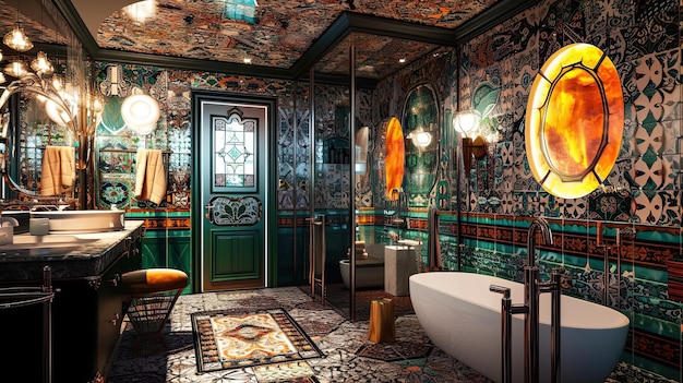 Bild eines gefüllten Badezimmers im Barock-Stil Innenarchitektur Ornament Teppich gemütliche Atmosphäre Spiegel Waschbecken Decklampen Toiletten Gemälde warmes Licht Pomp Vergoldung Generativ von AI
