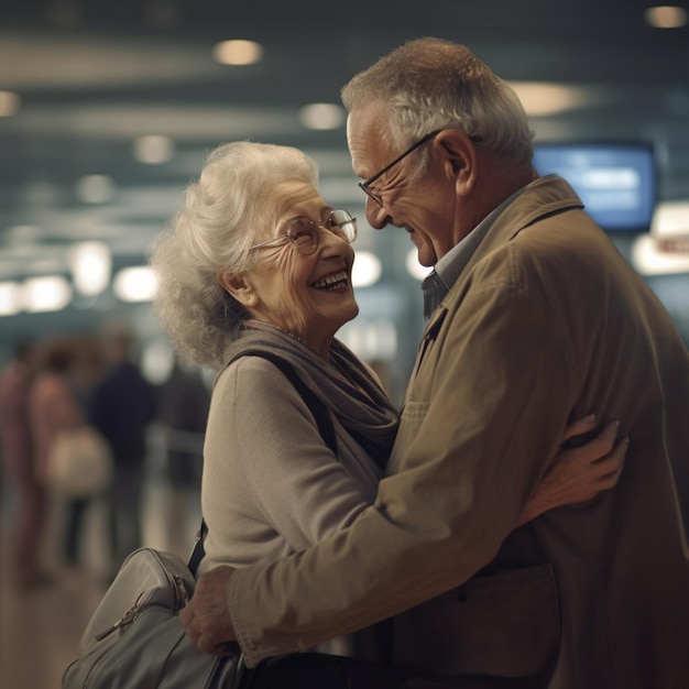 Bild eines glücklichen alten Paares am Flughafenterminal