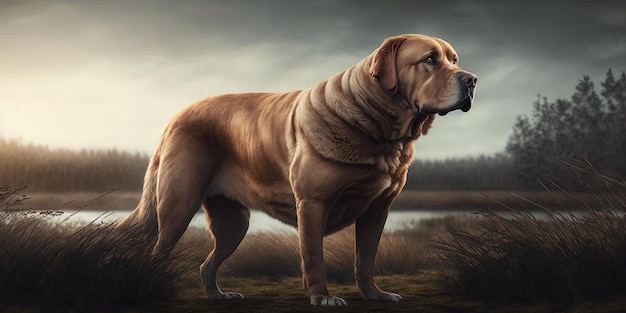 Bild eines großen braunen Hundes, der tagsüber auf dem Gras steht