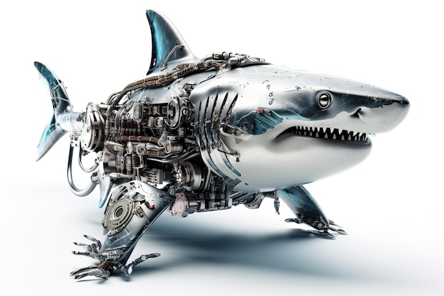 Bild eines Hais, der in einen Roboter umgewandelt wurde, auf weißem Hintergrund Unterwassertiere Illustration generative KI