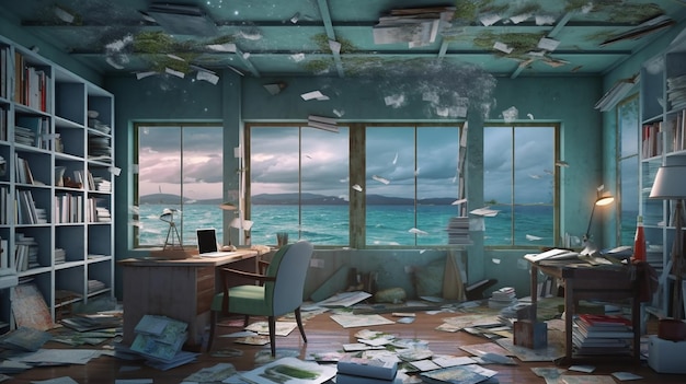 Bild eines Heimbüros, das bei stürmischem Wetter vom Meer überschwemmt wurde, mit zerbrochenen Fenstern und schwimmenden Möbeln