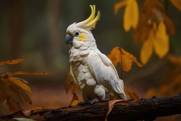 Bild eines Kakadu-Vogels auf einem Ast vor Naturhintergrund. Vögel, Wildtiere, Tiere, Illustration, generative KI