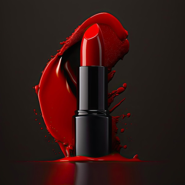 Bild eines karminroten Lippenstifts mit rotem Spritzhintergrund