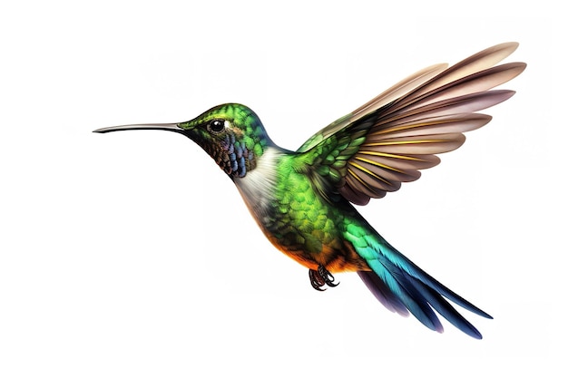 Foto bild eines kolibris mit ausgebreiteten flügeln im flug auf weißem hintergrund wildvogel-illustration generative ki