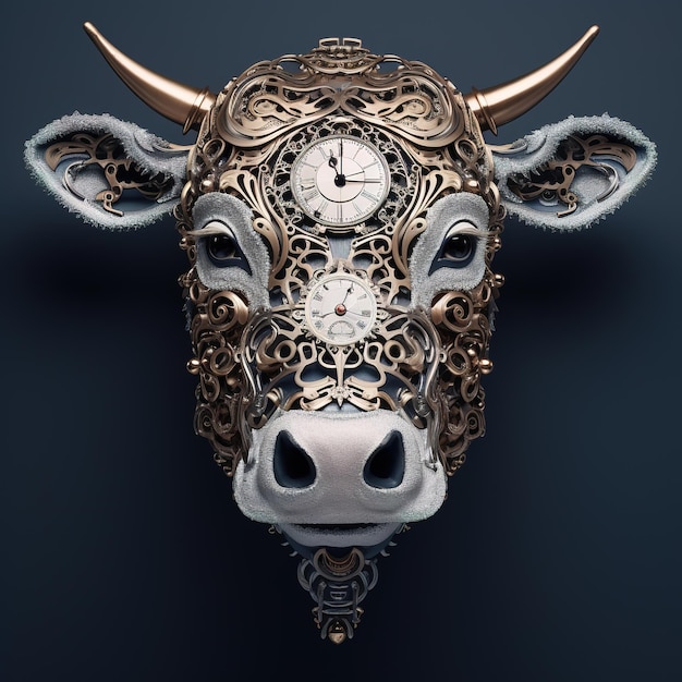 Bild eines Kuhkopfes aus Fragmenten einer komplizierten Uhrmechanik Landwirtschaftliche Tiere Illustration Generative KI