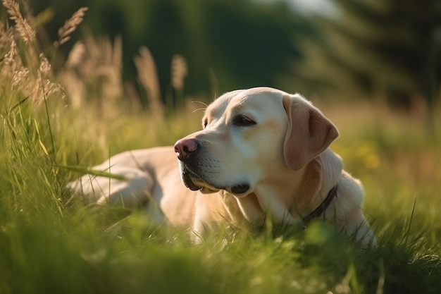 Bild eines Labrador-Hundes, der im Sommer auf grünem Weidegras ruht. Illustration von Haustiertieren. Generative KI