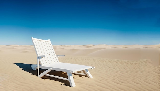 Bild eines leeren weißen Holz-Sonnenbettes, das auf endlosen Sanddünen unter einem wolkenlosen blauen Skycopy-Raum platziert ist